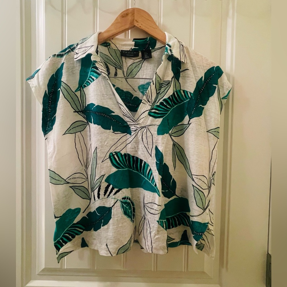 Tahari Linen Tropical Leaf Print V-neck Blouse Polo